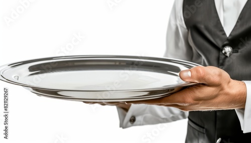 A butler in a formal outfit holding a silver tray with an empty plate, isolated on a white background, conveying service and elegance in a luxury setting