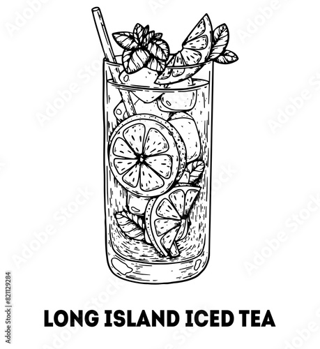 Long island iced tea cocktail illustration. Hand drawn sketch. Vector illustration. Isolated object.