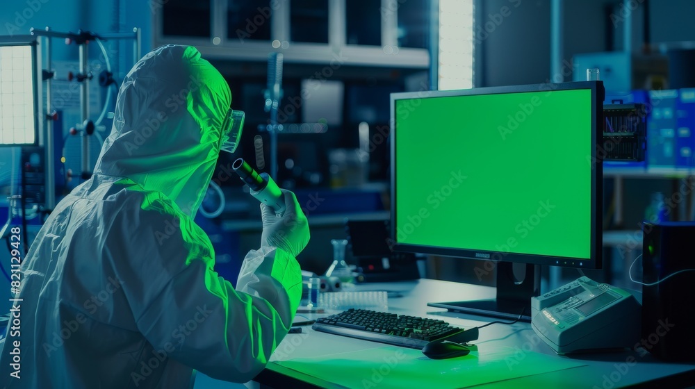 An engineer scientist wears a coverall and gloves as he works with a microscope and shows a Chroma Key green screen display on his computer. Scientific and Electronics Research Facility. An engineer scientist wears a coverall and gloves as he works with a microscope and shows a Chroma Key green screen display on his computer. Scientific and Electronics Research Facility.