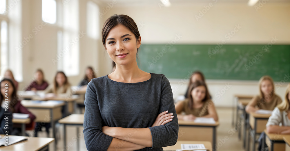 Confident female teacher standing with arms crossed in a classroom ...