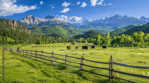 Colorado rural countryside farm field pasture, cows near Ouray or Telluride with Rocky Mountains forest view in background, blue sky, wooden fence