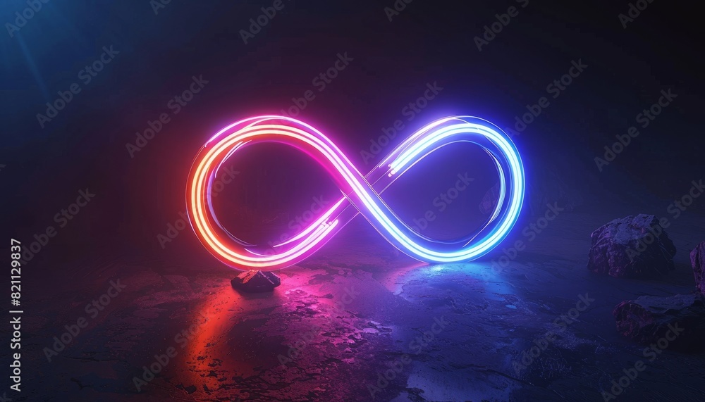 A looping neon symbol on a dark background, representing infinity and energy, perfect for digital and technology-themed designs A looping neon symbol on a dark background, representing infinity and energy, perfect for digital and technology-themed designs