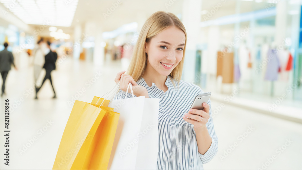 A stylish young woman beams with delight while shopping bags in hand captured in the vibrant glow of city lights. A stylish young woman beams with delight while shopping bags in hand captured in the vibrant glow of city lights.