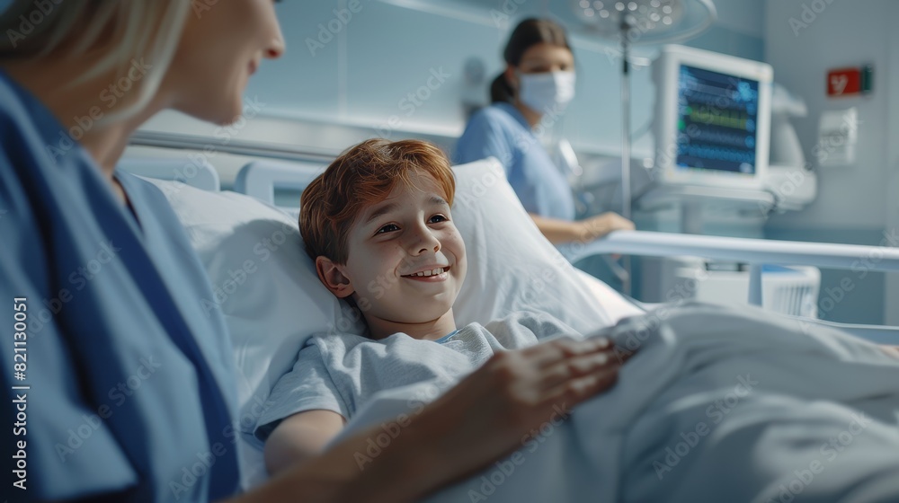 A handsome young boy resting in bed with a caring mother by his side, a friendly doctor talks, and a head nurse monitors his vitals. Happy smiling patient recovering after illness. A handsome young boy resting in bed with a caring mother by his side, a friendly doctor talks, and a head nurse monitors his vitals. Happy smiling patient recovering after illness.