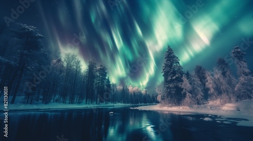 Wallpaper Mural A lake, snow, pine trees, and the Aurora Borealis can be seen in the night sky above a northern winter landscape. Torontodigital.ca