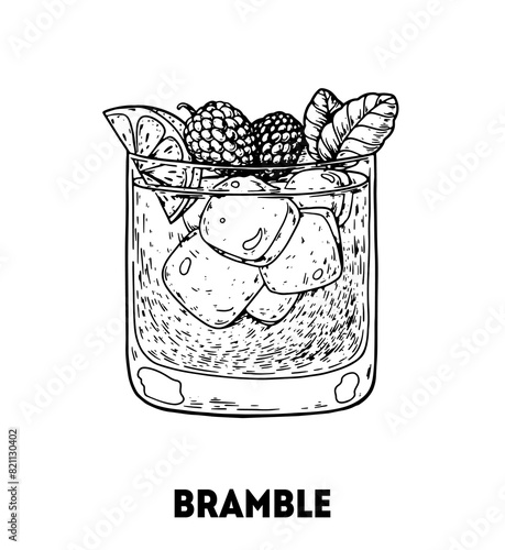 Bramble cocktail illustration. Hand drawn sketch. Vector illustration. Isolated object.
