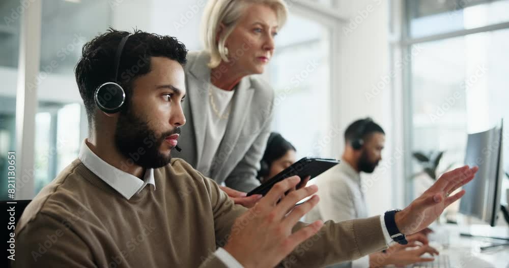 Call center, training or man with manager in office for telemarketing, about us or customer service faq. Lead generation, learning or mature business mentor with tablet checklist for coaching tips Call center, training or man with manager in office for telemarketing, about us or customer service faq. Lead generation, learning or mature business mentor with tablet checklist for coaching tips