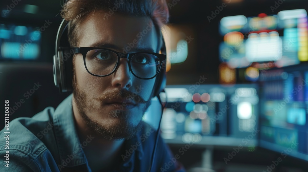 IT Technical Support Specialist using computer at Monitoring Control Room with Digital Screens while wearing headphones with microphone. Employee is speaking on the phone while wearing headphones. IT Technical Support Specialist using computer at Monitoring Control Room with Digital Screens while wearing headphones with microphone. Employee is speaking on the phone while wearing headphones.