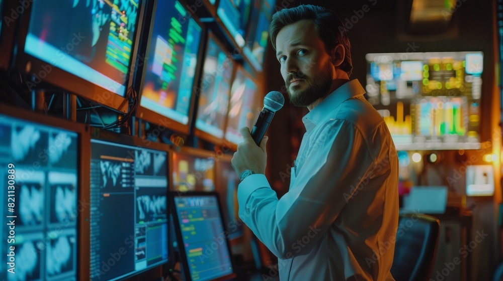 An IT Technical Support Specialist speaks on an intercom and operates a desktop computer in a monitoring control room with large digital screens showing server data on big screens.