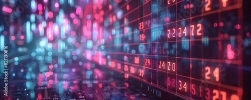 Abstract technology background with glowing grid of numbers and lights