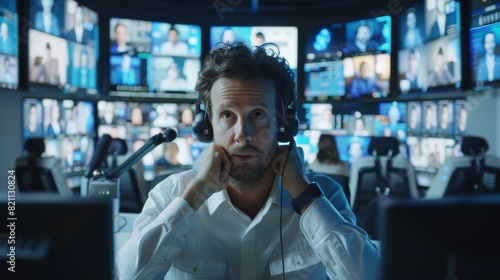 Photograph of an IT Technical Support Specialist using a computer in a monitoring control room with digital screens. The employee is wearing headphones with microphones and talking on the phone.