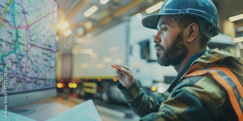 A logistic worker in hard hat and high visibility vest is looking at a map and digital display in an industrial setting