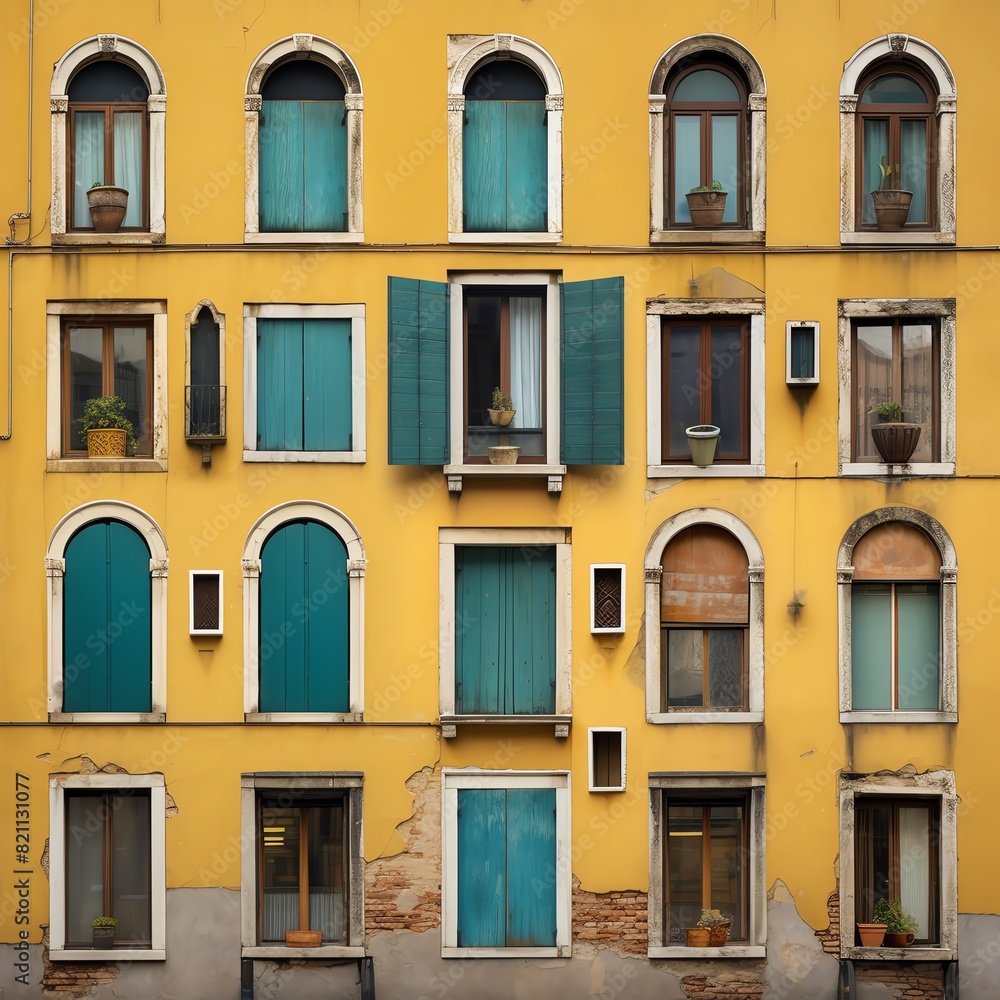 Colorful yellow building facade with various windows and green shutters, enhancing the architectural charm in urban setting. Colorful yellow building facade with various windows and green shutters, enhancing the architectural charm in urban setting.