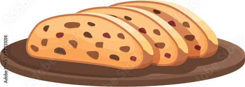 Three slices of delicious raisin bread arranged on a round wooden board, isolated on white