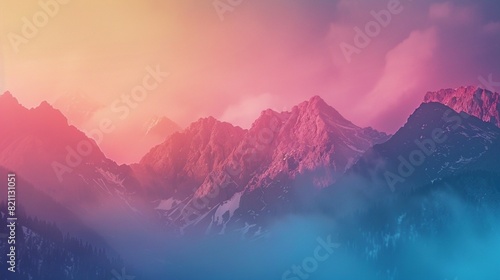 Colorful, abstract double exposure of mountains in sunrise. Minimalist scenery with color gradients. Tatra mountains in Slovakia, Europe. photo