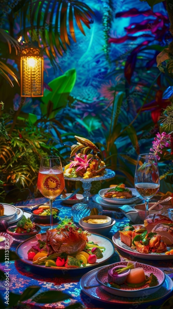 Fototapeta premium Capture a utopian culinary fusion in a panoramic view, showcasing vibrant, delectable dishes blending into a harmonious feast, with a touch of surreal lighting to elevate the scene