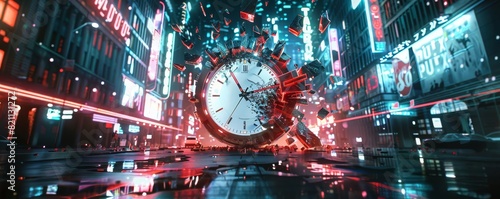 A shattered watch face in a futuristic city, cyberpunk, neon, digital art, symbolizing broken schedules in a fastpaced world photo