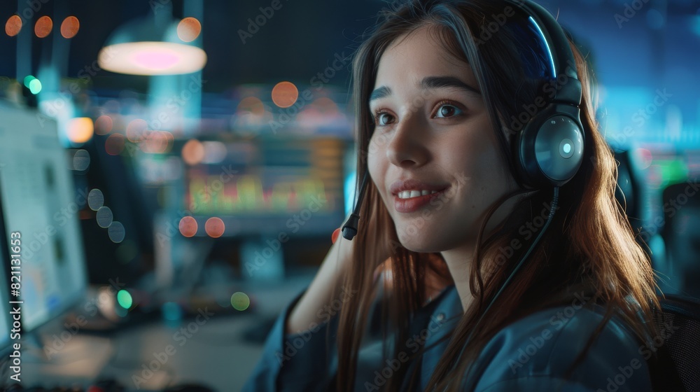 In a Call Center Control Room, filled with colleagues, displays screens and data servers, a beautiful technical customer support specialist talks on a headset while working on a computer. In a Call Center Control Room, filled with colleagues, displays screens and data servers, a beautiful technical customer support specialist talks on a headset while working on a computer.