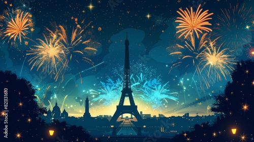 The Eiffel Tower lights up as fireworks burst in the night sky
