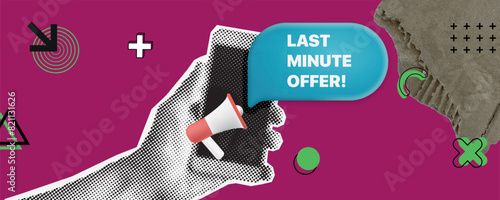 last minute offer smartphone in halftone hand. Vector illustration with hand holding phone. Collage with paper cut elements for decoration sale events.