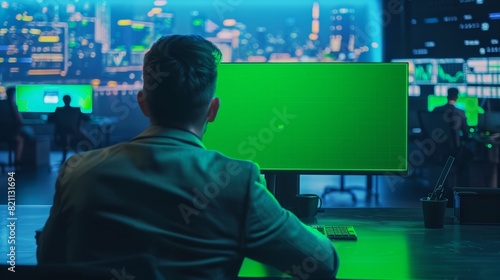 Team of brokers and finance specialists work on big data with a green screen mock-up on a computer display.