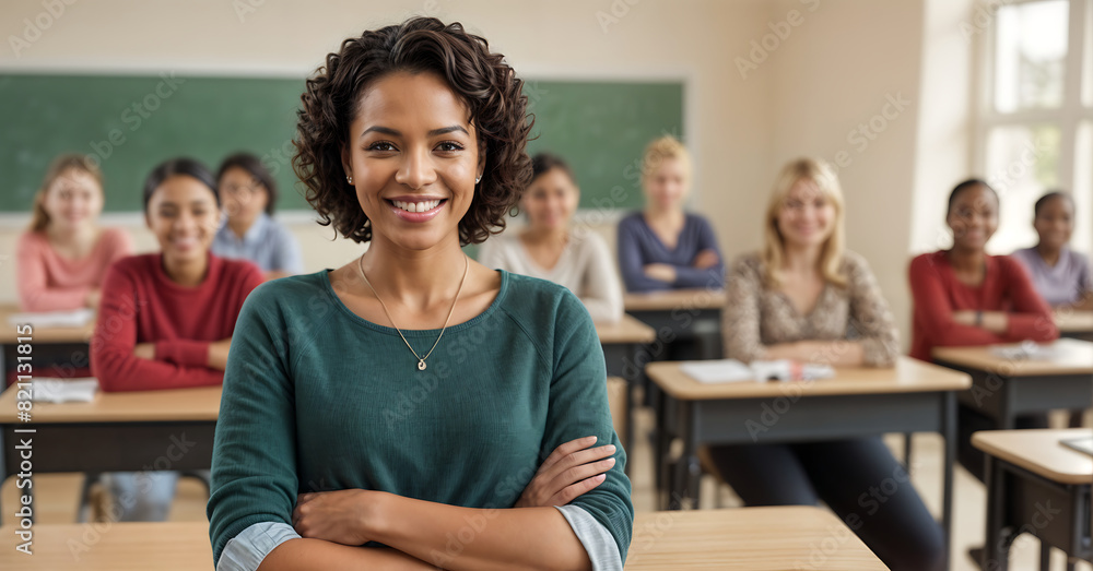 Confident female teacher standing with arms crossed in a classroom, with attentive students seated at desks and a chalkboard in the background Confident female teacher standing with arms crossed in a classroom, with attentive students seated at desks and a chalkboard in the background