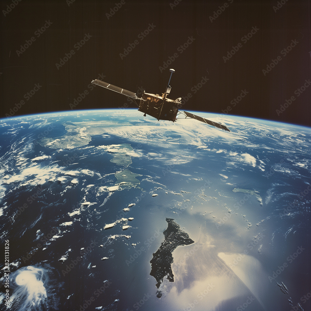 Obraz premium Artificial satellite orbiting the Earth. Generative AI