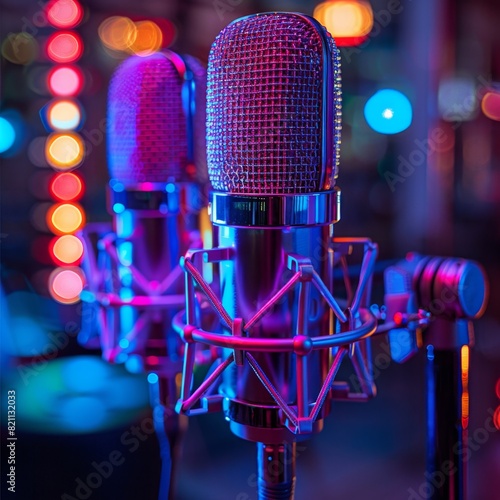 Boom Microphones in Retrowave Glowing Colors in Recording Studio  