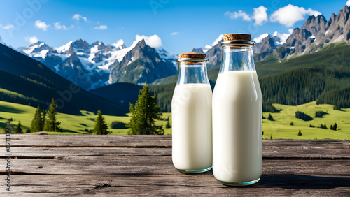 A bottle of fresh milk on a wooden table, with beautiful mountain peaks, blue sky, and white clouds in the distance, and rural scenery, full of design and luxury, used for product display photo