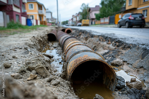 Street reconstruction site of pipeline system, old pipes and broken road in town