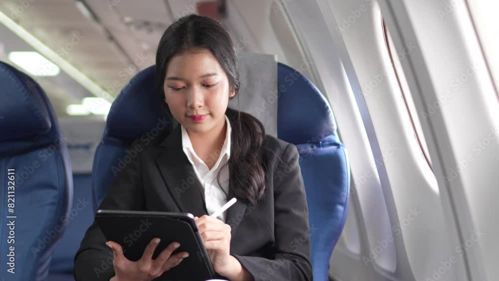 An Asian businesswoman in a semi-formal suit is taking notes to read and analyze business data using a tablet while traveling to a meeting in business class on a plane An Asian businesswoman in a semi-formal suit is taking notes to read and analyze business data using a tablet while traveling to a meeting in business class on a plane
