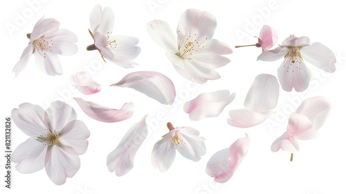 Set of cherry blossom petals  featuring soft pinks and whites  with a focus on their transient beauty 