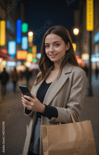 A stylish young woman beams with delight while shopping bags in hand captured in the vibrant glow of city lights.