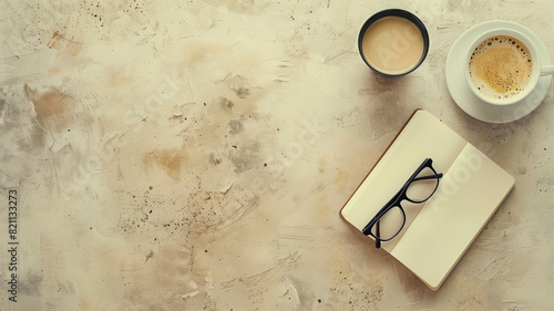 Still life with a notepad, glasses and a cup of coffee on a beige background. Creativity concept.