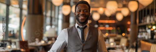 Welcoming male waiter smiling at guests in a stylish restaurant, ready to offer excellent service photo