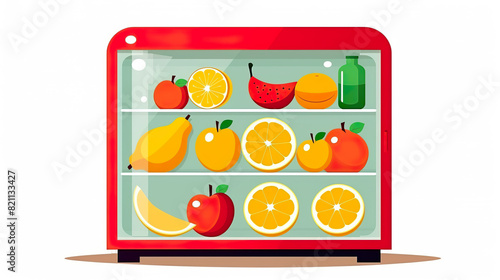 Fruits are isolated in an open refrigerator against a stark white background.