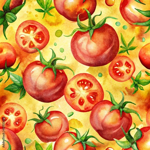 Watercolor fresh tomato in seamless pattern on yellow background