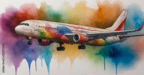 A colorful airplane is flying through a rainbow. The painting is vibrant and full of life, with the colors blending together to create a sense of movement and energy photo