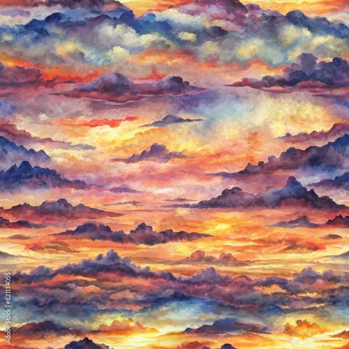 Watercolor sunset sky in seamless pattern