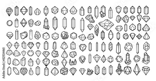 Crystals simple outline big vector bundle. Minerals gemstones diamonds quartz topazes rubies fossil icons isolated on white background