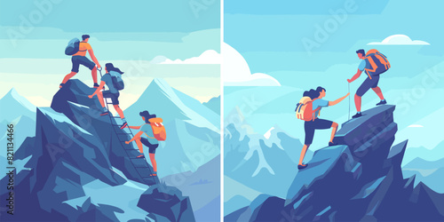 Climbers cartoon vector concepts. Men woman each other helping partners colleagues unity together overcoming goal target employees characters, team working illustrations