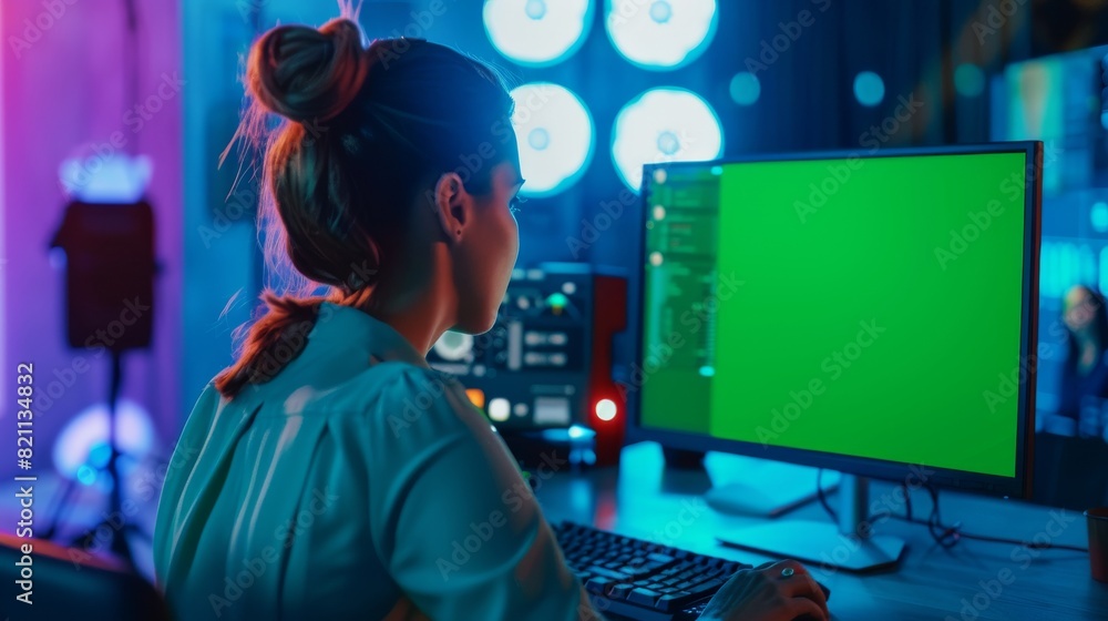 A close-up shot of a businesswoman working on a desktop computer with a green screen mock-up that is lit with chroma key. A Digital Projects Manager types data using a keyboard and mouse. A close-up shot of a businesswoman working on a desktop computer with a green screen mock-up that is lit with chroma key. A Digital Projects Manager types data using a keyboard and mouse.