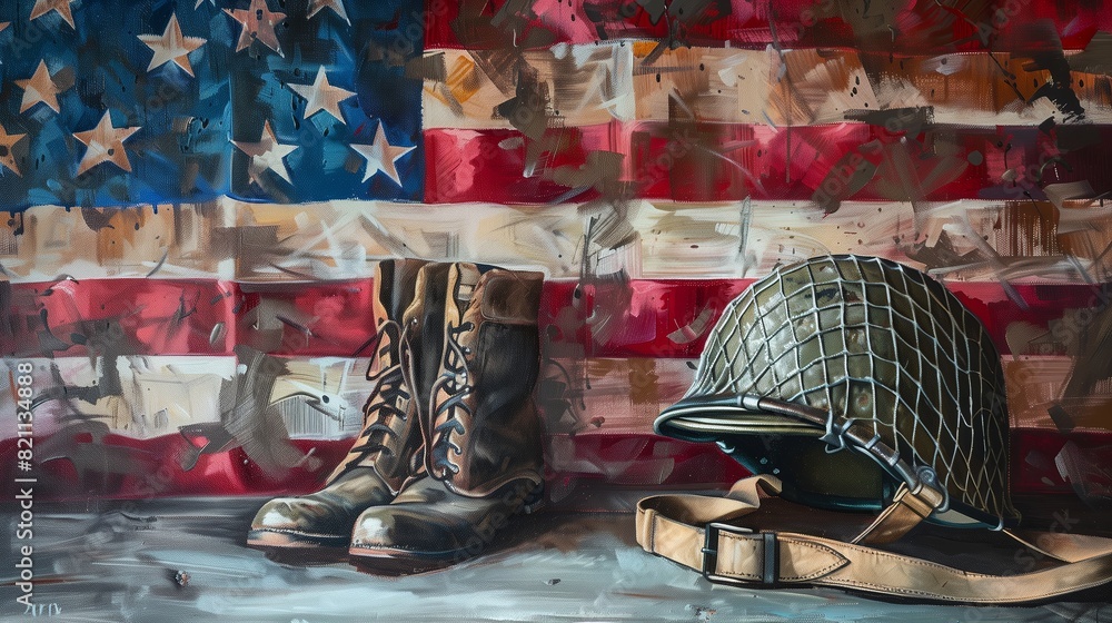 Memorial Day Honor: Helmet and Boots with American Flag Backdrop Stock ...