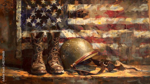 Memorial Day Honor: Helmet and Boots with American Flag Backdrop