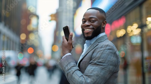 The image depicts a happy black businessman talking on his smartphone in the city. Successful African American Entrepreneur using his mobile to make a phone call. The background is blurry.