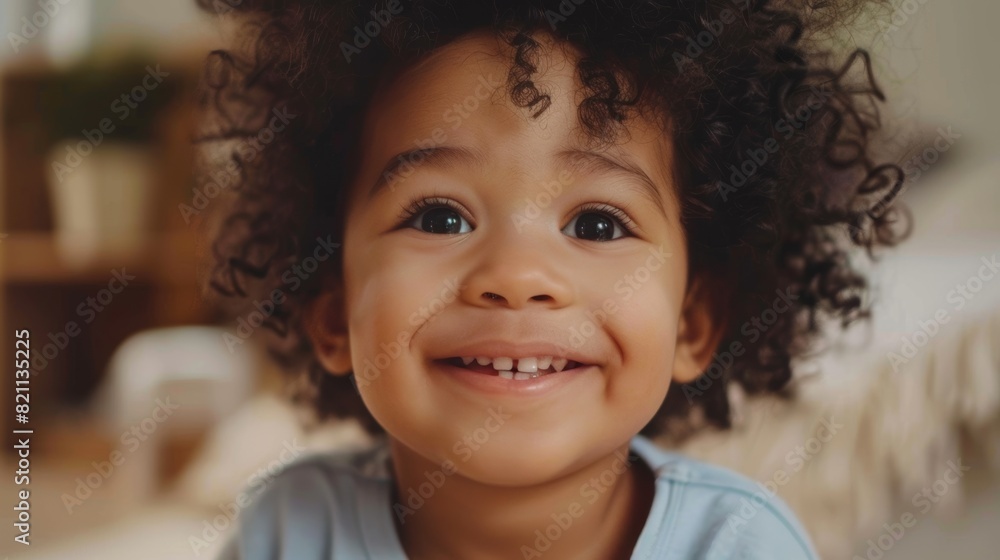 The Cute Multiethnic Boy with Curly Dark Hair Smiles Happily. This Smart Little Child with Charming Smile is Having Fun at Home. Close-up pic. The Cute Multiethnic Boy with Curly Dark Hair Smiles Happily. This Smart Little Child with Charming Smile is Having Fun at Home. Close-up pic.