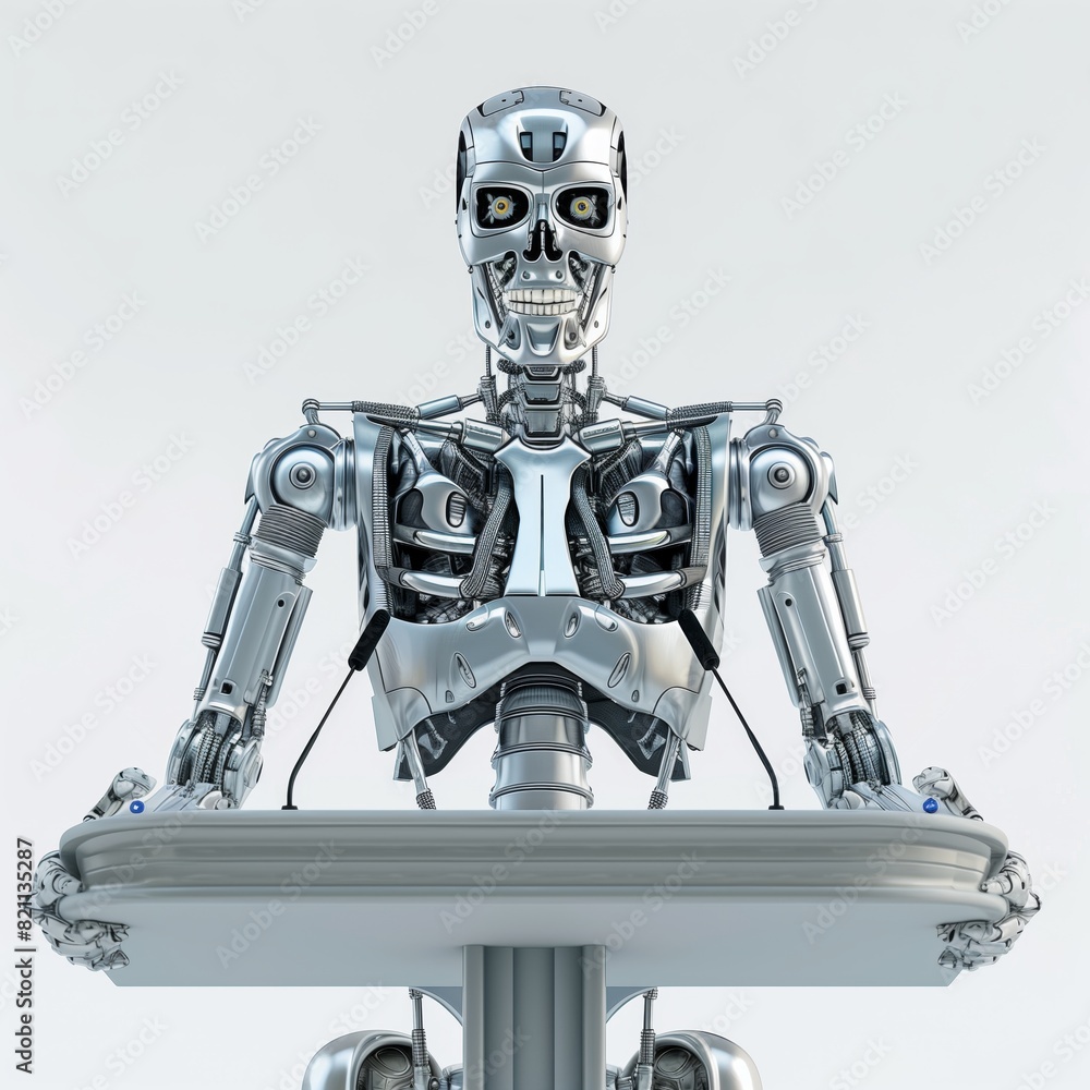 A terminator-style skeletal steel robot standing behind a lectern in a white background. A terminator-style skeletal steel robot standing behind a lectern in a white background.