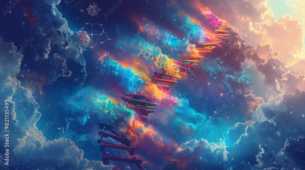 Obraz premium Surreal Figure Climbing Pencil Ladder to Sky with Academic Clouds