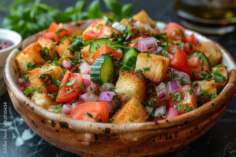 Panzanella Salad: A rustic bread salad with chunks of stale bread, tomatoes, cucumbers, red onions, and basil, dressed with olive oil and vinegar. Panzanella Salad: A rustic bread salad with chunks of stale bread, tomatoes, cucumbers, red onions, and basil, dressed with olive oil and vinegar.