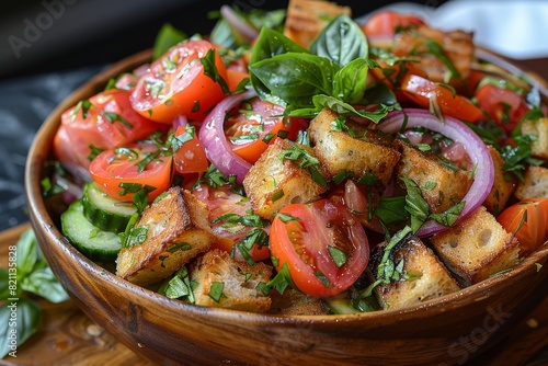 Panzanella Salad: A rustic bread salad with chunks of stale bread, tomatoes, cucumbers, red onions, and basil, dressed with olive oil and vinegar. 